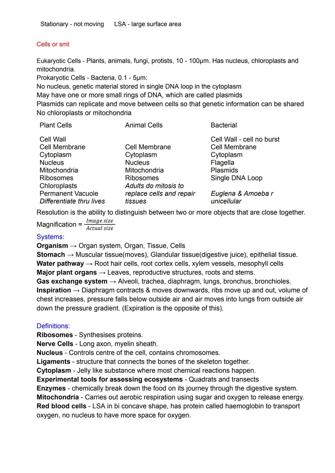 Stationary - not moving
Cells or smt
LSA - large surface area
Eukaryotic Cells - Plants, animals, fungi, protists, 10 - 100μm. Has nucleus, 