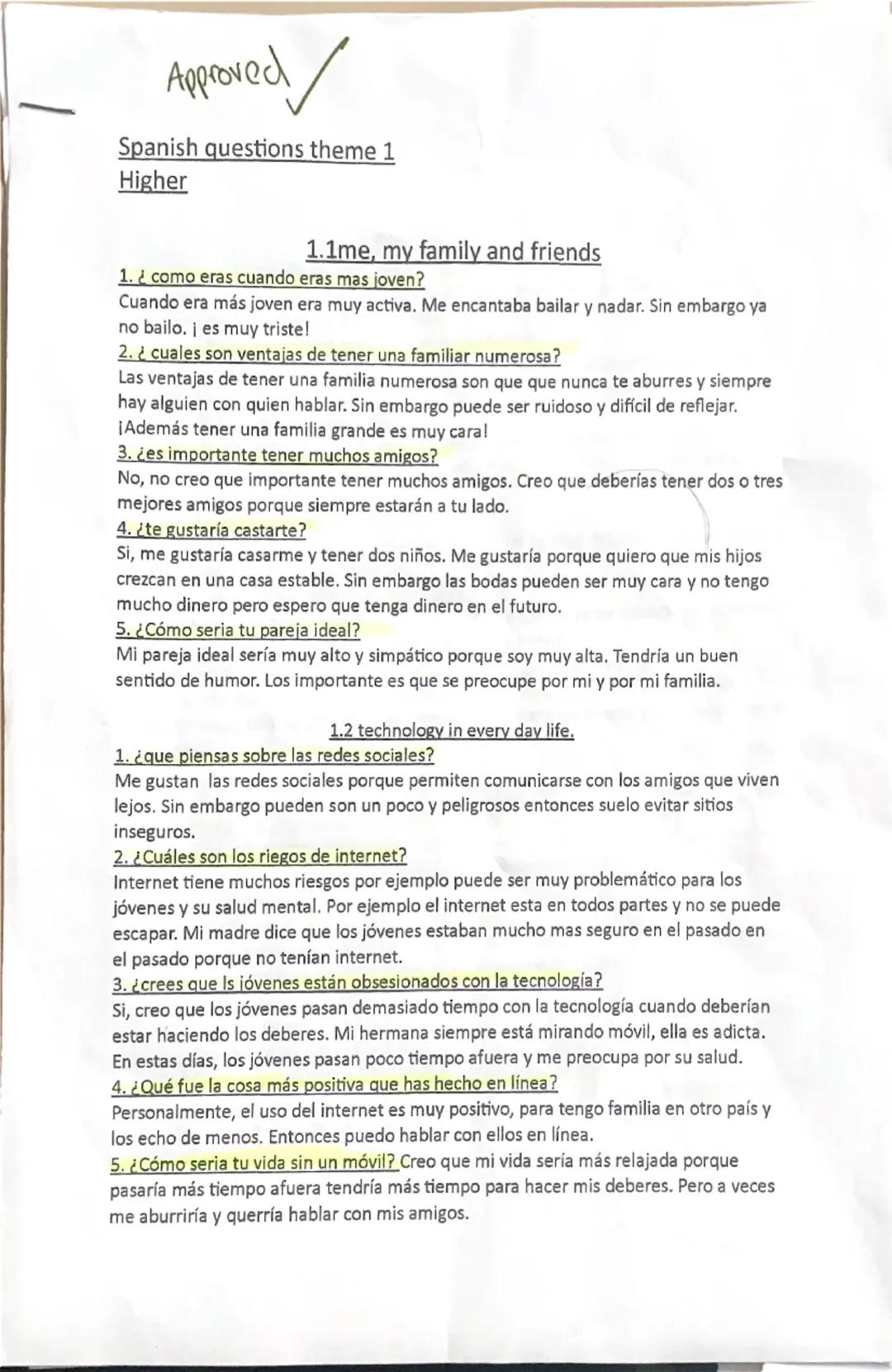 spanish aqa higher speaking questions and answers for theme 1 