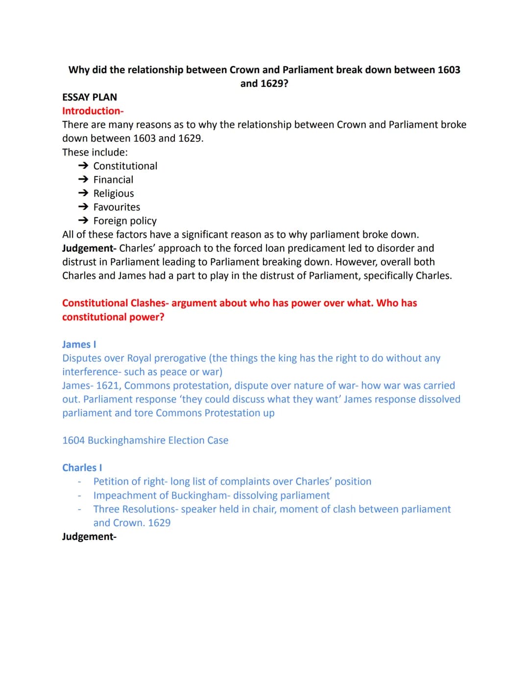 Why did the relationship between Crown and Parliament break down between 1603
and 1629?
ESSAY PLAN
Introduction-
There are many reasons as t