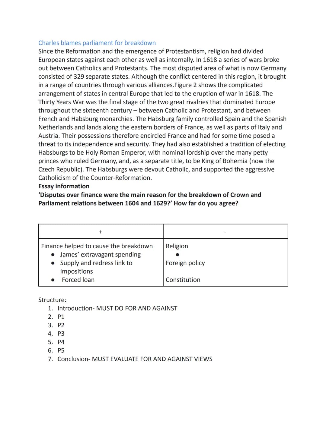 Why did the relationship between Crown and Parliament break down between 1603
and 1629?
ESSAY PLAN
Introduction-
There are many reasons as t