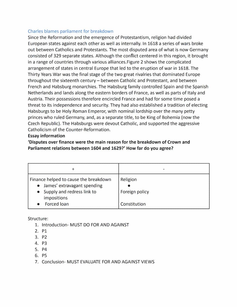Why did the relationship between Crown and Parliament break down between 1603
and 1629?
ESSAY PLAN
Introduction-
There are many reasons as t
