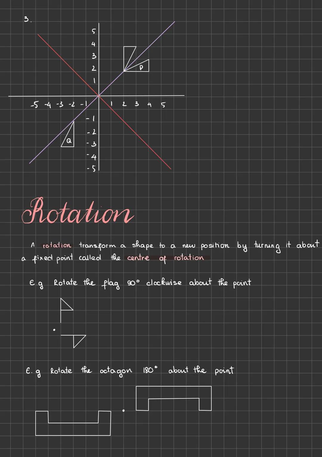 3.

5
4
3
2
1
P
-5 -4 -3 -2 -1 1 2 3 4 5

Q

-1
-2
-3
-4
-5

Rotation

A rotation transform a shape to a new position by turning it about
a 