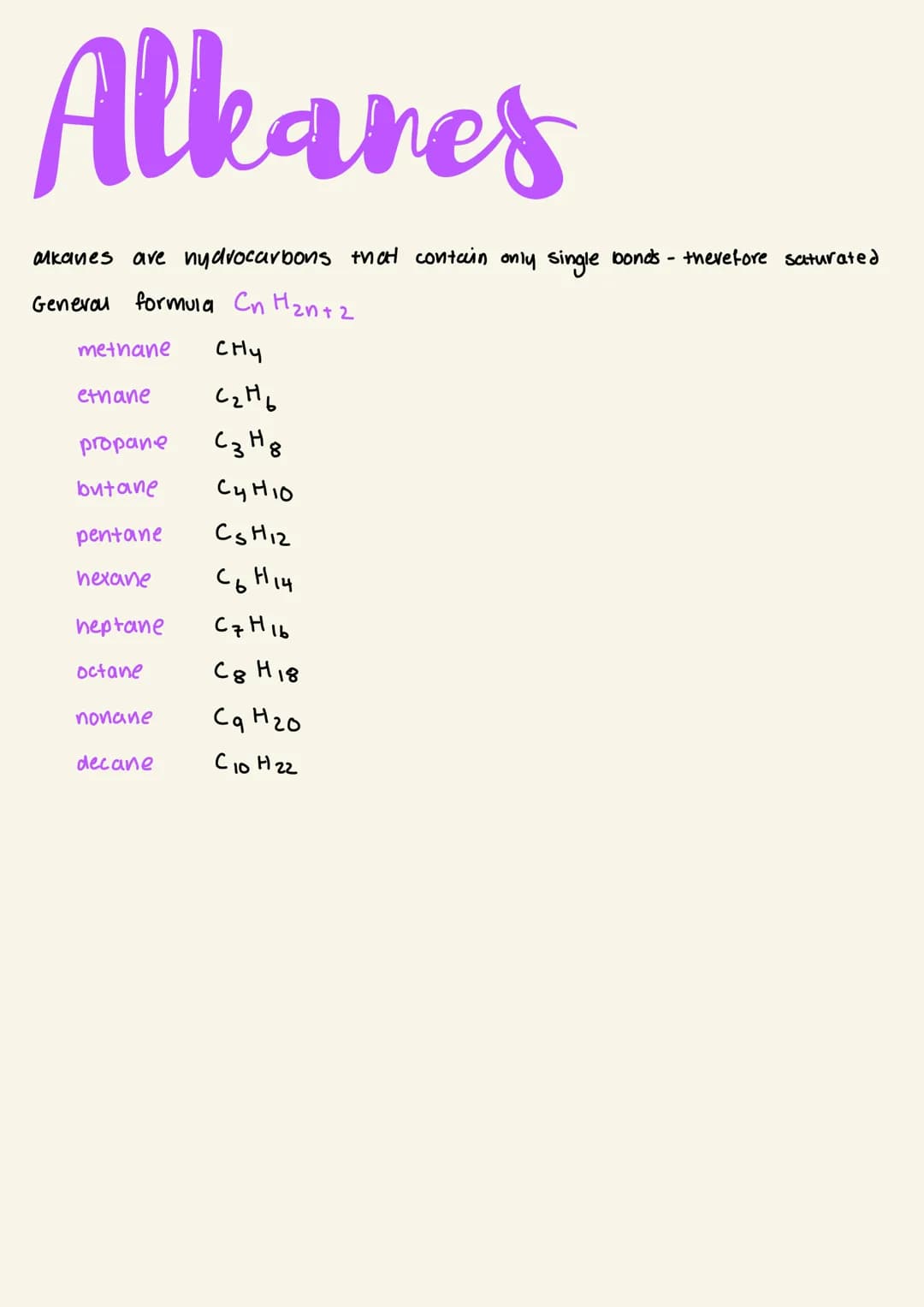 Alkanes
alkanes are nydrocarbons that contain only single bonds - therefore saturated
Genevou formulа Си Наита
methane сну
сань
Cзна
сунюю
C