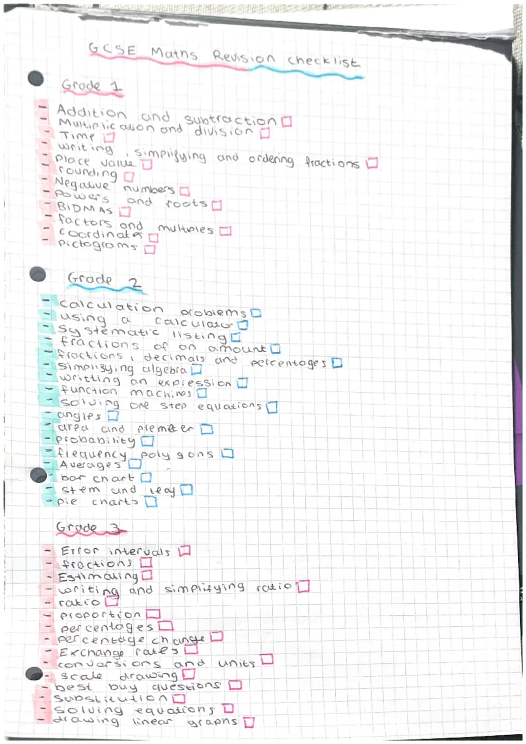 GCSE Maths Revision checklist
Grade 1
Addition and subtraction
Multiplication and division
Time
1
writing
Place value
rounding
Negative numb