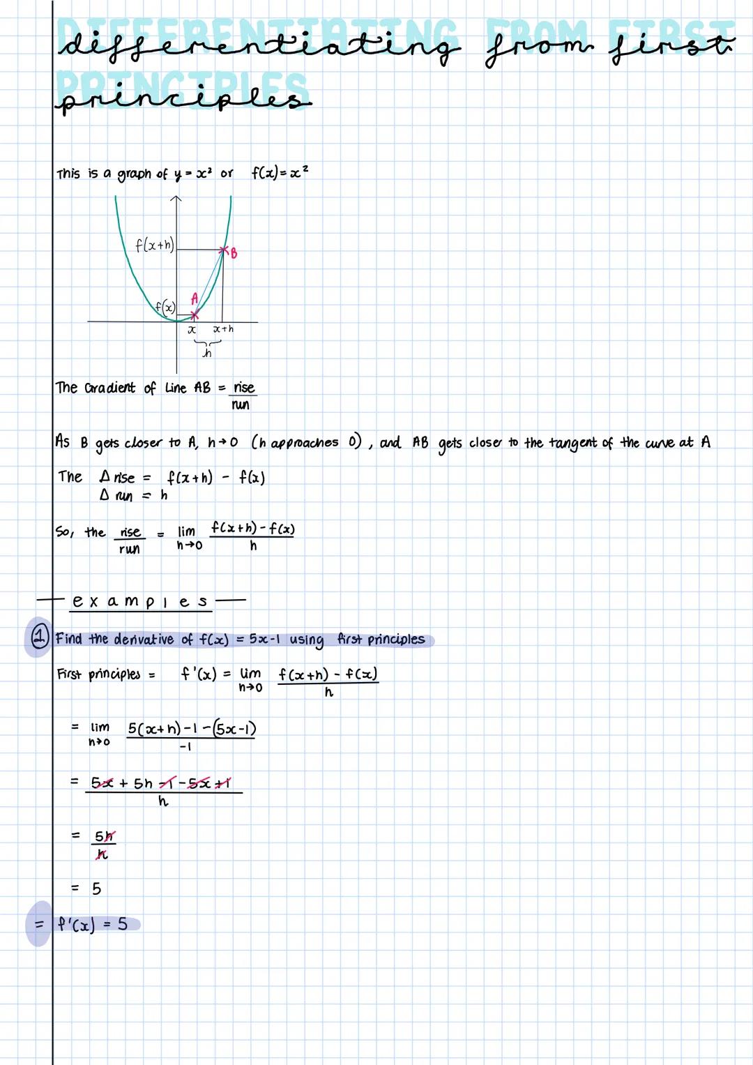 differentiating from first
principles
This is a graph of y = x² or f(x) = x²

f(x+h)
*B
A
x
Xth

The Gradient of Line AB = rise
nun
As B get