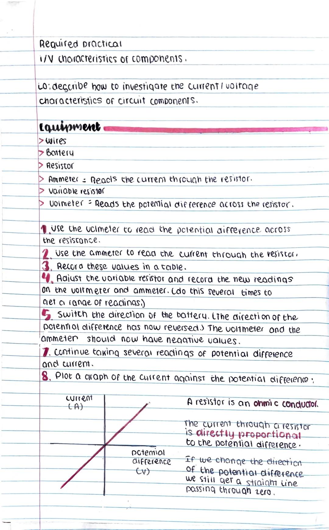 Required practical
i/V characteristics of components.
LO:describe how to investigate the current / voltage
characteristics of circuit compon