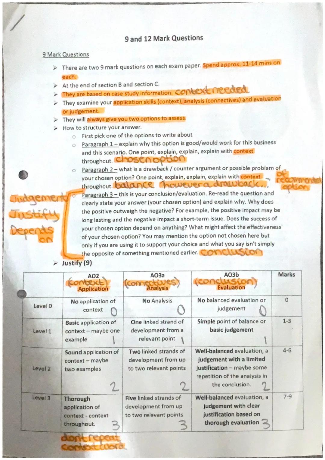 9 and 12 Mark Questions

9 Mark Questions
➤ There are two 9 mark questions on each exam paper. Spend approx. 11-14 mins on
each.
➤ At the en