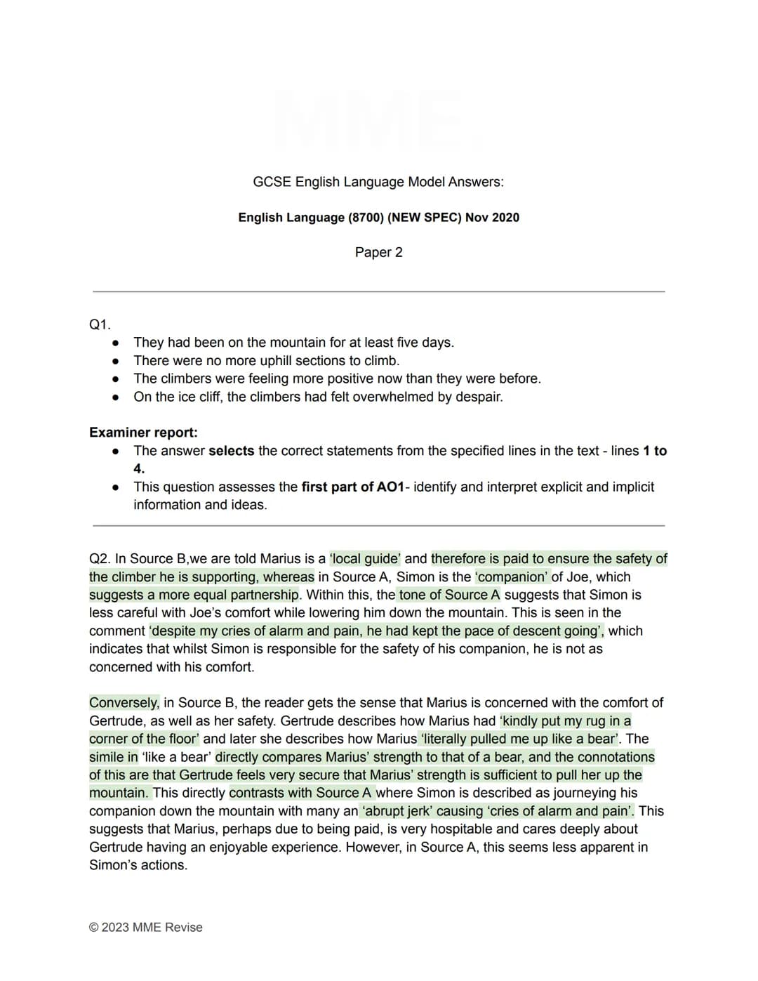 Q1.
●
●
GCSE English Language Model Answers:
English Language (8700) (NEW SPEC) Nov 2020
Paper 2
They had been on the mountain for at least 