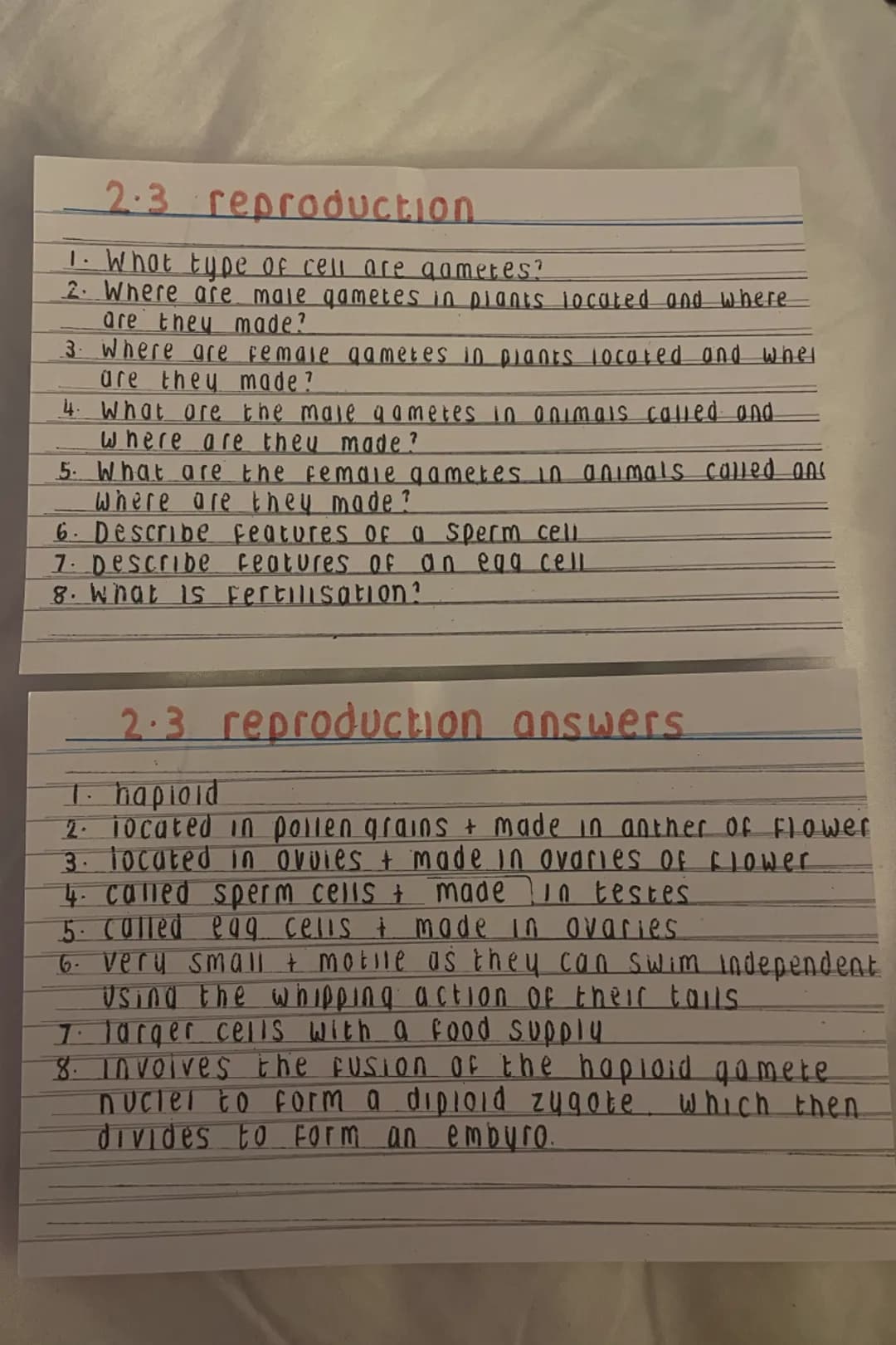 2.3
reproduction
1. What type of cell are gametes?
2. Where are male gametes in plants located and where
are they made?
3. Where are female 