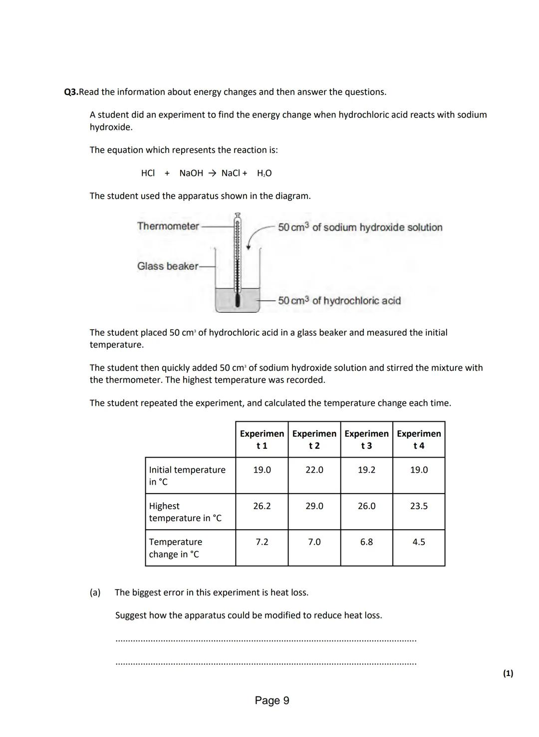 
<p>Q1. A student investigated the temperature change when zinc reacts with copper sulfate solution. The student used a different concentrat