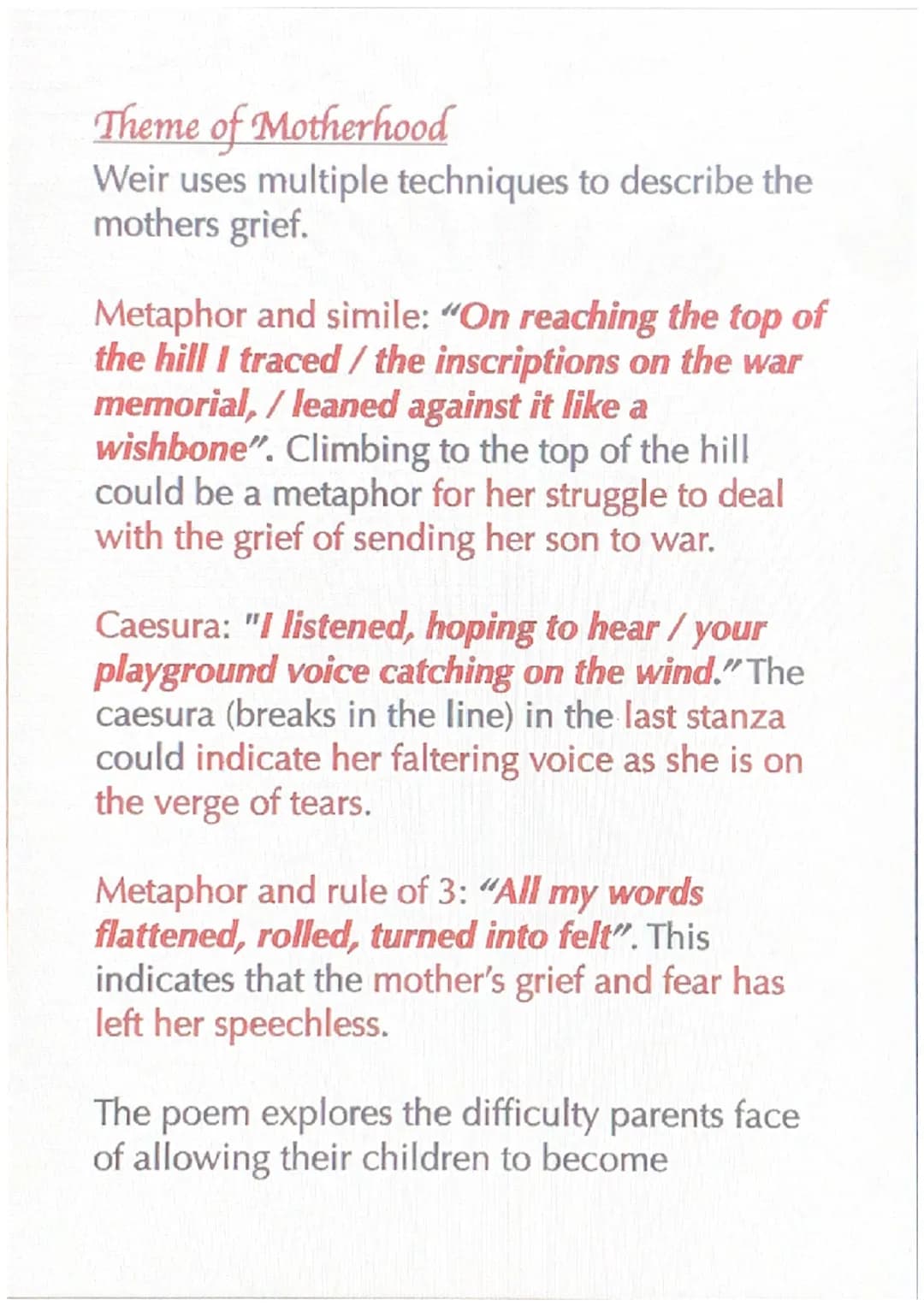 
<h2 id="summary">Summary</h2>
<p>Jane Weir's Poppies is a dramatic monologue, where an imagined speaker speaks to a silent audience about h