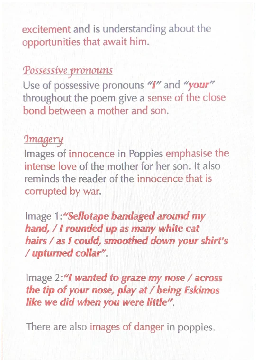 
<h2 id="summary">Summary</h2>
<p>Jane Weir's Poppies is a dramatic monologue, where an imagined speaker speaks to a silent audience about h
