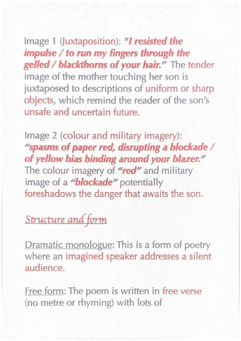 
<h2 id="summary">Summary</h2>
<p>Jane Weir's Poppies is a dramatic monologue, where an imagined speaker speaks to a silent audience about h