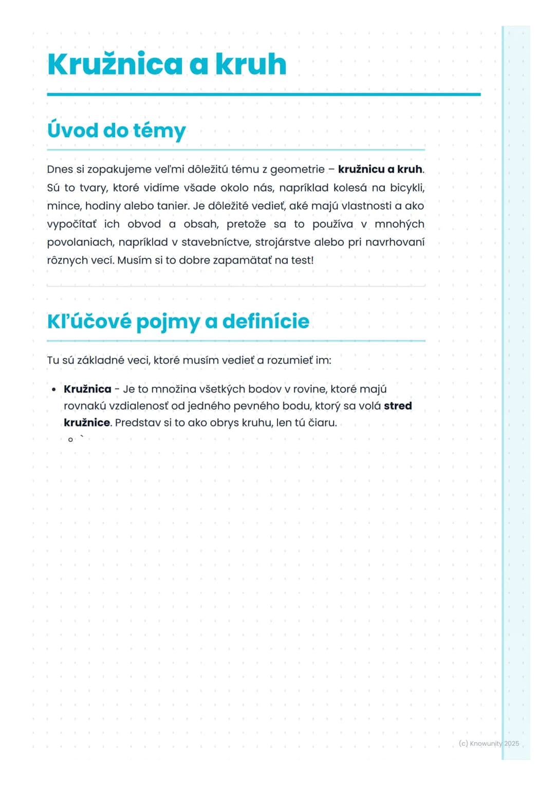 # Kružnica a kruh

## Úvod do témy

Dnes si zopakujeme veľmi dôležitú tému z geometrie - kružnicu a kruh.
Sú to tvary, ktoré vidíme všade ok