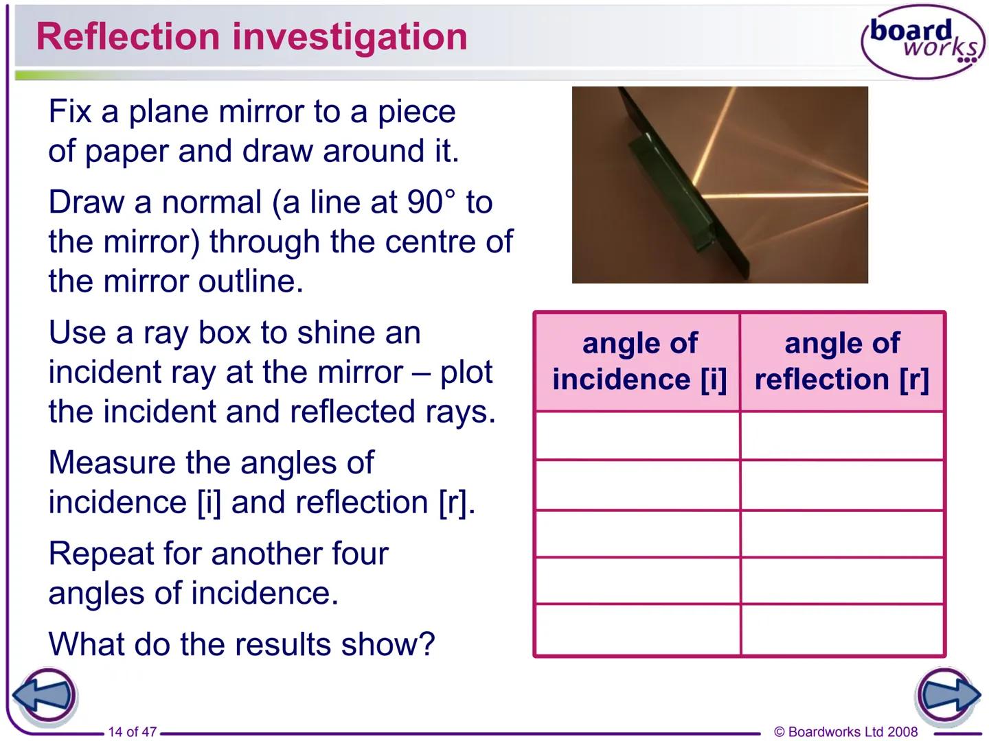 F
FLASH
ENABLED
KS3 Science
Light
Indicates a Flash activity.
Indicates a virtual experiment.
1 of 47
board,
works
Indicates an accompanying