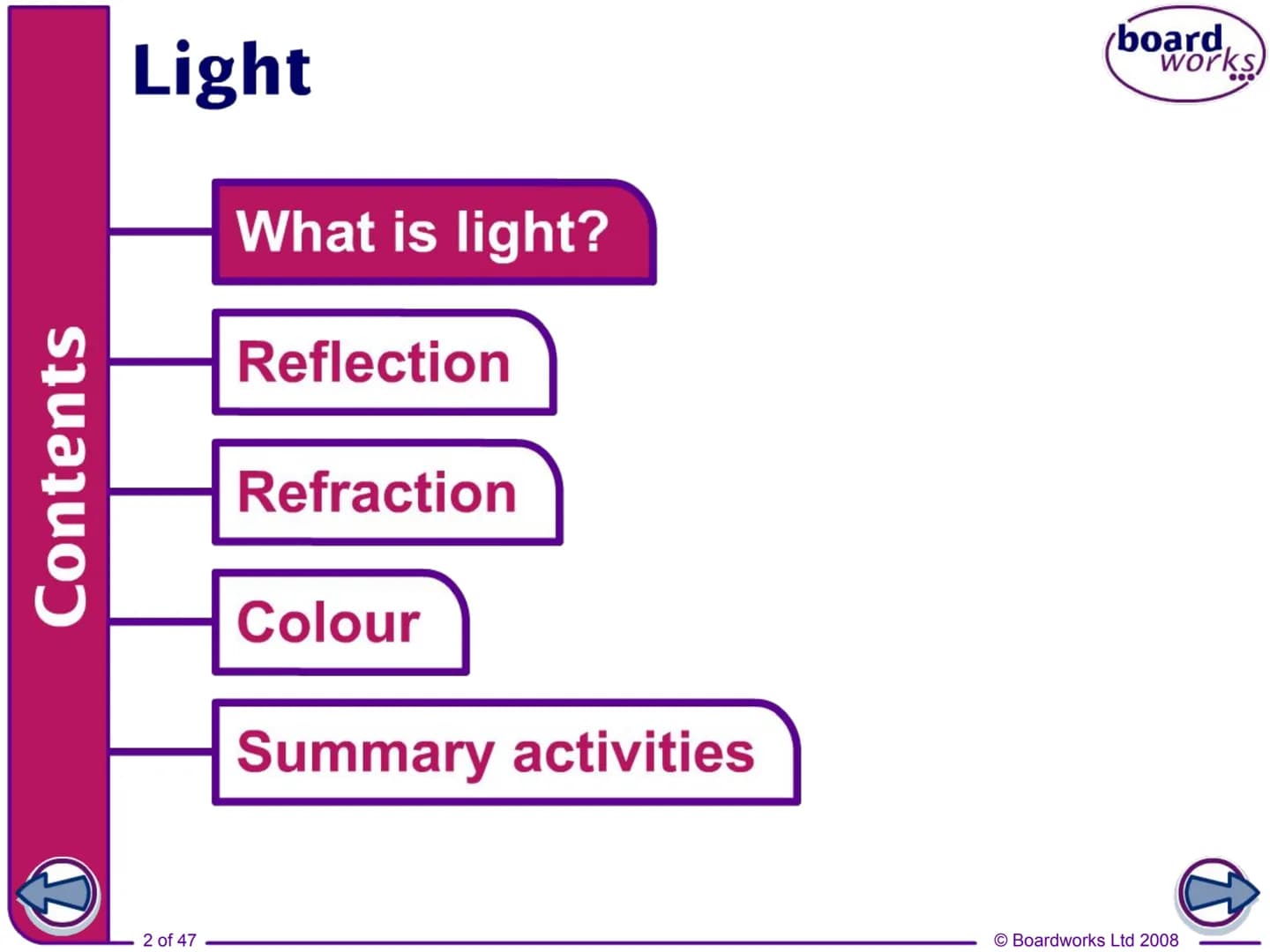 F
FLASH
ENABLED
KS3 Science
Light
Indicates a Flash activity.
Indicates a virtual experiment.
1 of 47
board,
works
Indicates an accompanying