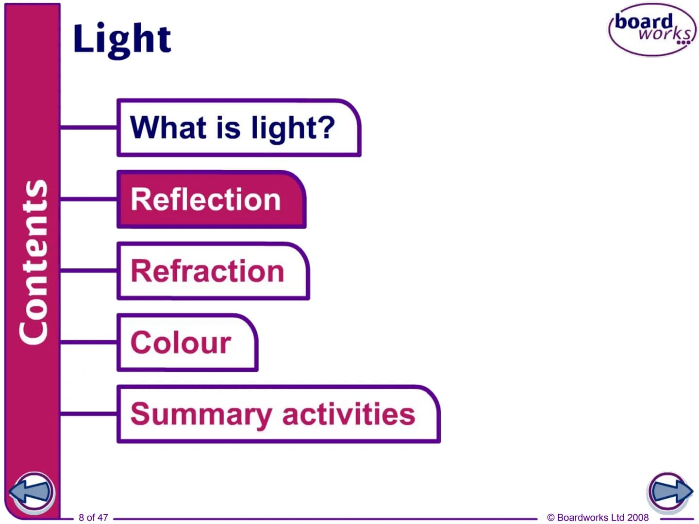 F
FLASH
ENABLED
KS3 Science
Light
Indicates a Flash activity.
Indicates a virtual experiment.
1 of 47
board,
works
Indicates an accompanying