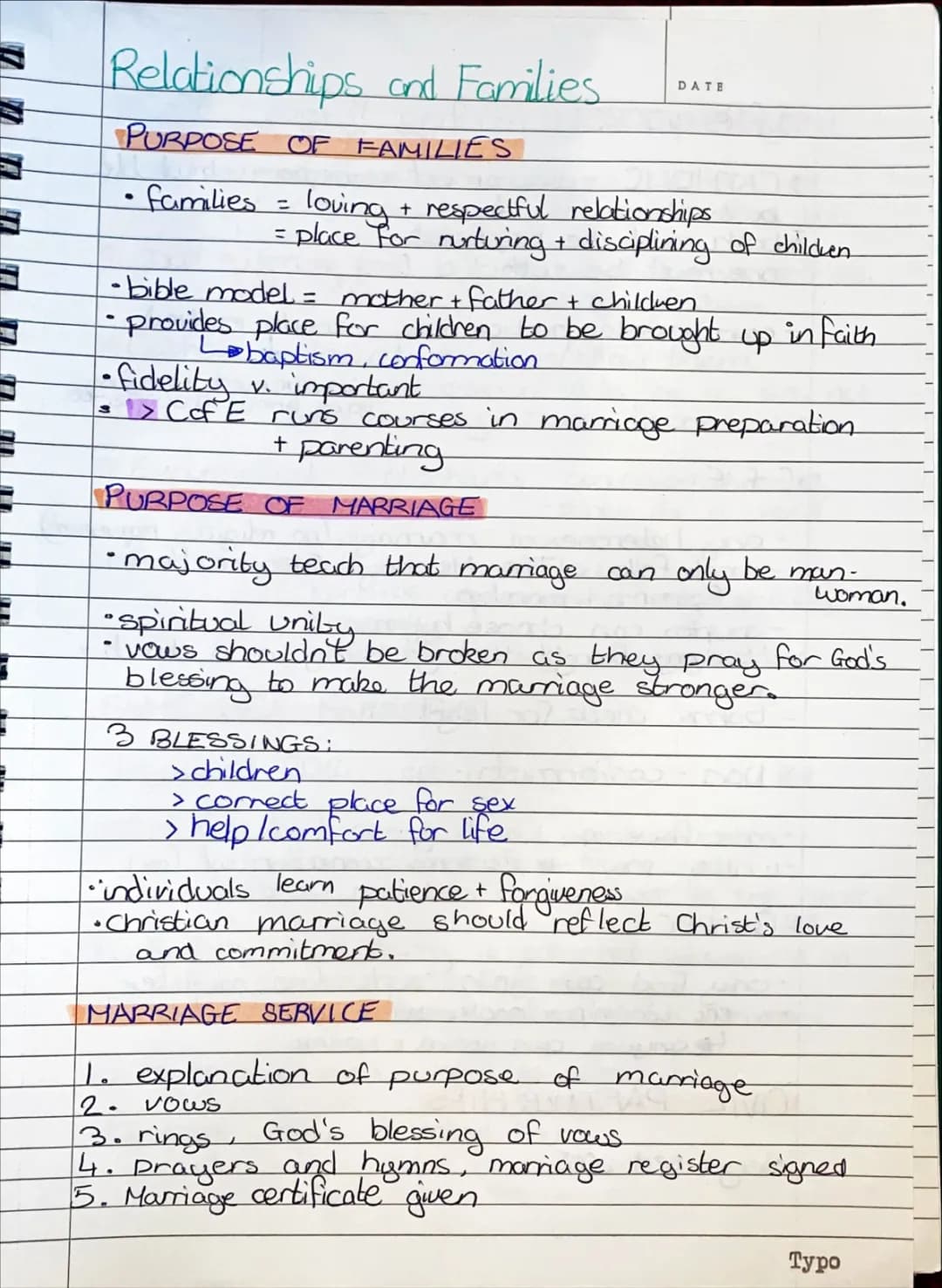 Summary notes for relationships and families topic GCSE Short RS