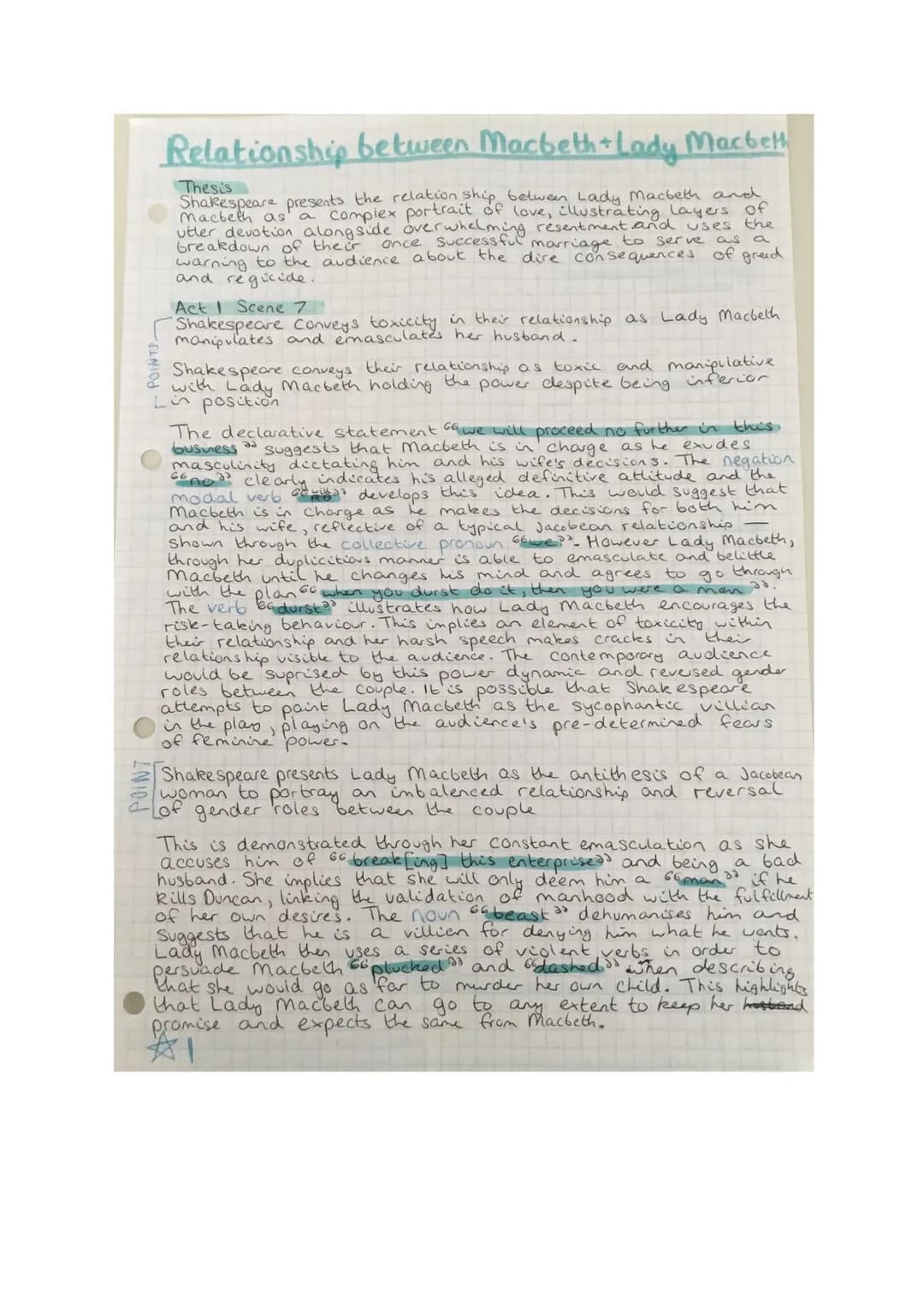 POINT
Relationship between Macbeth + Lady Macbeth
Thesis
Shakespeare presents the relationship between Lady Macbeth and
Macbeth as a complex