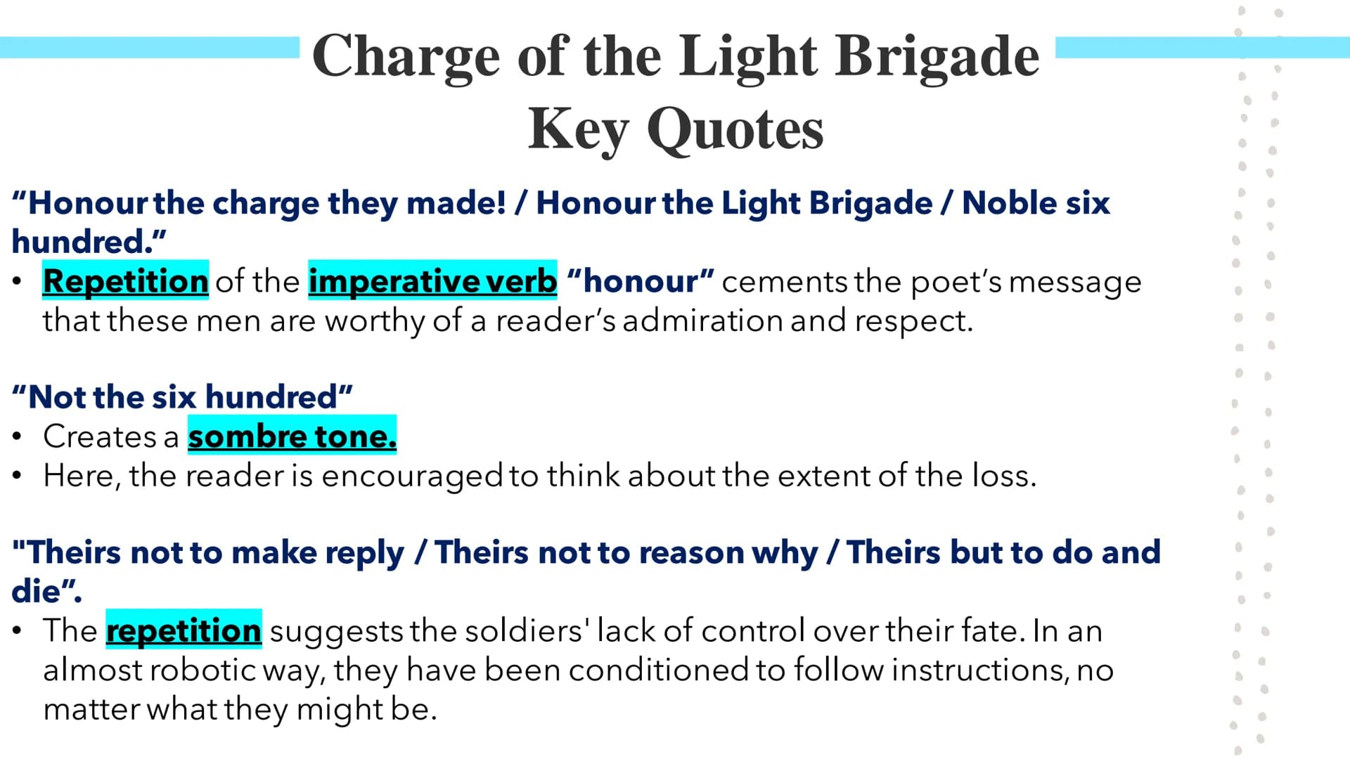
<h2 id="summary">Summary</h2>
<p>The poem "Charge of the Light Brigade" by Alfred Tennyson commemorates the Battle of Balaclava (1854) in t