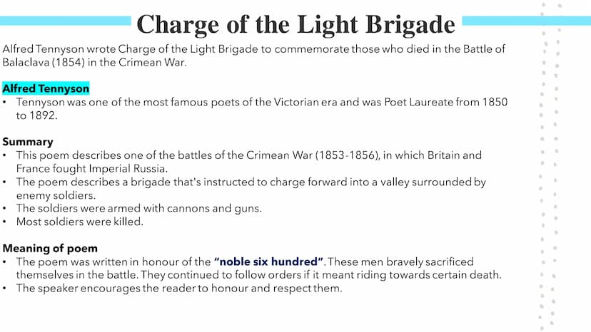 
<h2 id="summary">Summary</h2>
<p>The poem "Charge of the Light Brigade" by Alfred Tennyson commemorates the Battle of Balaclava (1854) in t