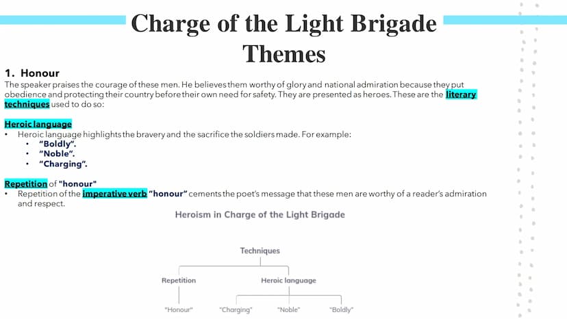 
<h2 id="summary">Summary</h2>
<p>The poem "Charge of the Light Brigade" by Alfred Tennyson commemorates the Battle of Balaclava (1854) in t