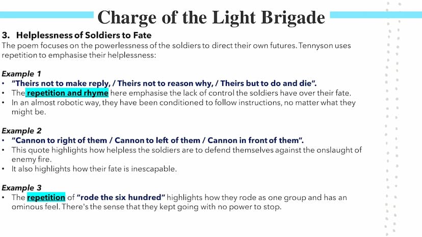 
<h2 id="summary">Summary</h2>
<p>The poem "Charge of the Light Brigade" by Alfred Tennyson commemorates the Battle of Balaclava (1854) in t