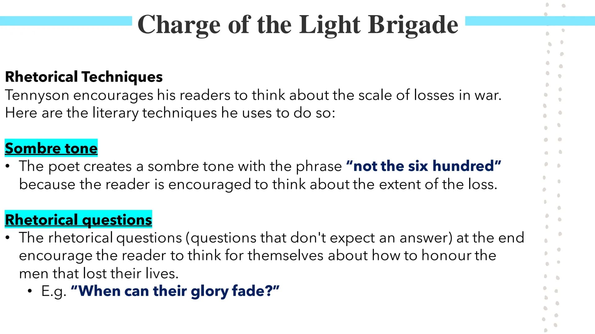 
<h2 id="summary">Summary</h2>
<p>The poem "Charge of the Light Brigade" by Alfred Tennyson commemorates the Battle of Balaclava (1854) in t