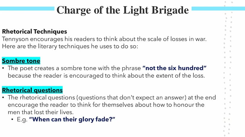 
<h2 id="summary">Summary</h2>
<p>The poem "Charge of the Light Brigade" by Alfred Tennyson commemorates the Battle of Balaclava (1854) in t