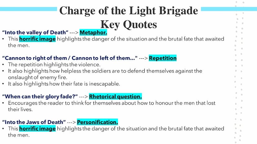
<h2 id="summary">Summary</h2>
<p>The poem "Charge of the Light Brigade" by Alfred Tennyson commemorates the Battle of Balaclava (1854) in t