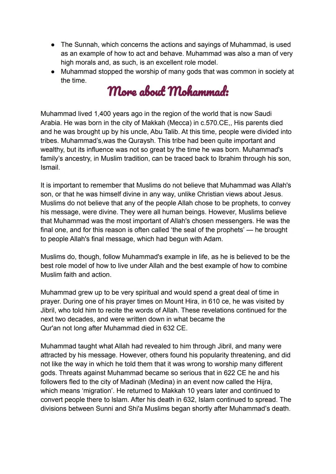 Prophethood
Keywords
● Adam - One of the prophets of Allah and the first human, or father of
humankind:
• Authority - The power or right to 