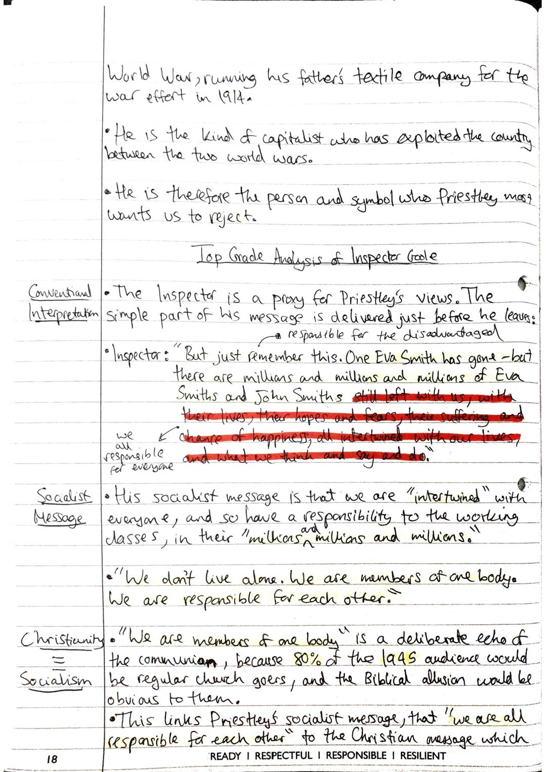 --- OCR Start ---
Top Grade Analysis of Arthur Birling.
Conventiond Biring is corrupt and unfeeling, caring nothing for the
Interpretation p