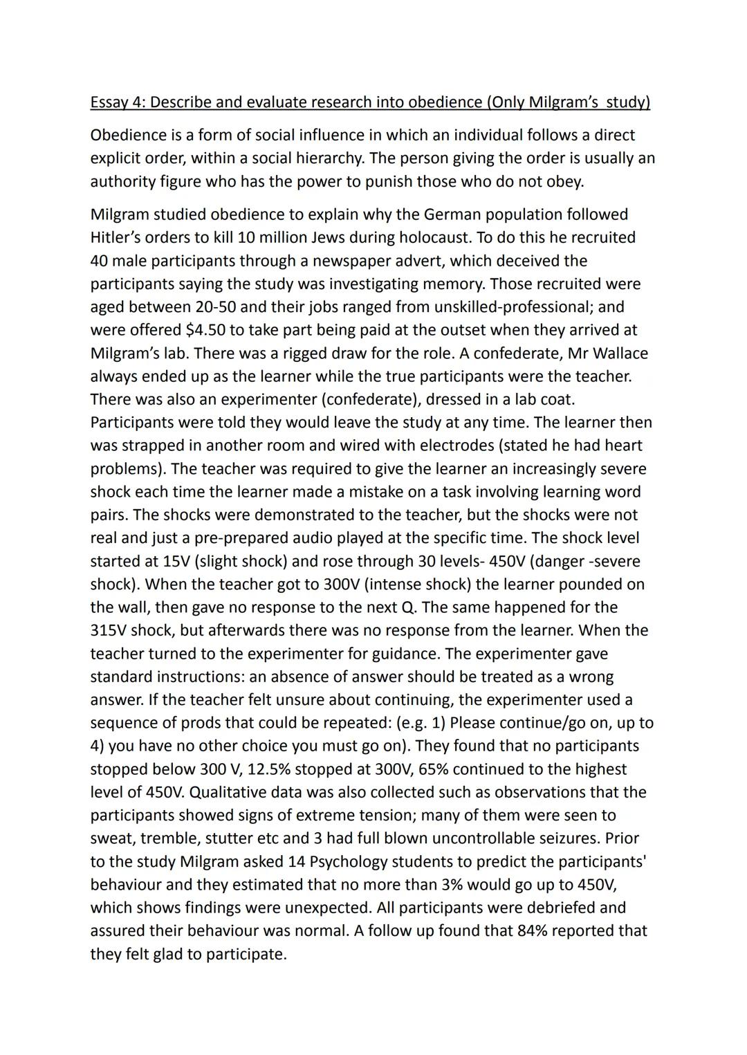Essay 4: Describe and evaluate research into obedience (Only Milgram's study)

Obedience is a form of social influence in which an individua