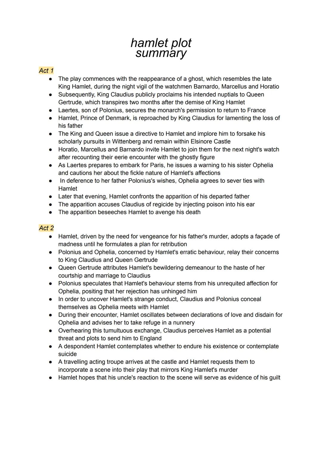 Act 1
The play commences with the reappearance of a ghost, which resembles the late
King Hamlet, during the night vigil of the watchmen Barn