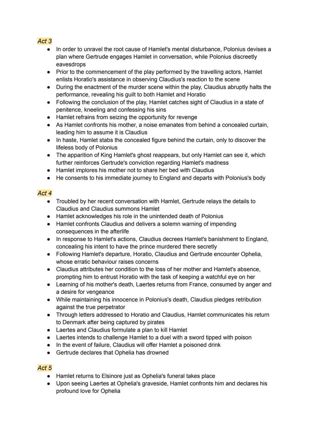 Act 1
The play commences with the reappearance of a ghost, which resembles the late
King Hamlet, during the night vigil of the watchmen Barn