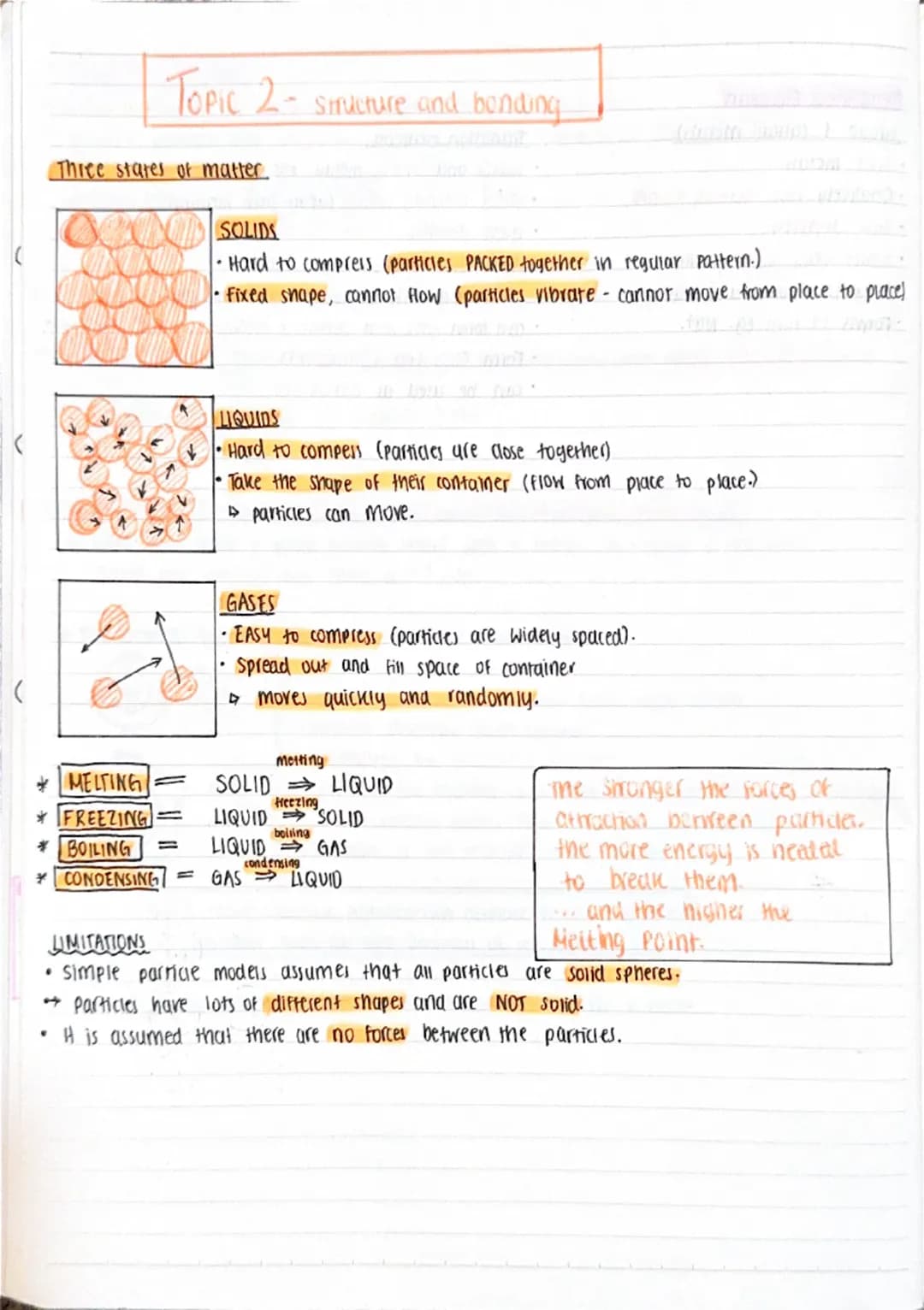 Topic 2- structure and bonding.
Three states of matter.
SOLIDS
·Hard to compress (particles PACKED together in regular pattern.).
• Fixed sh