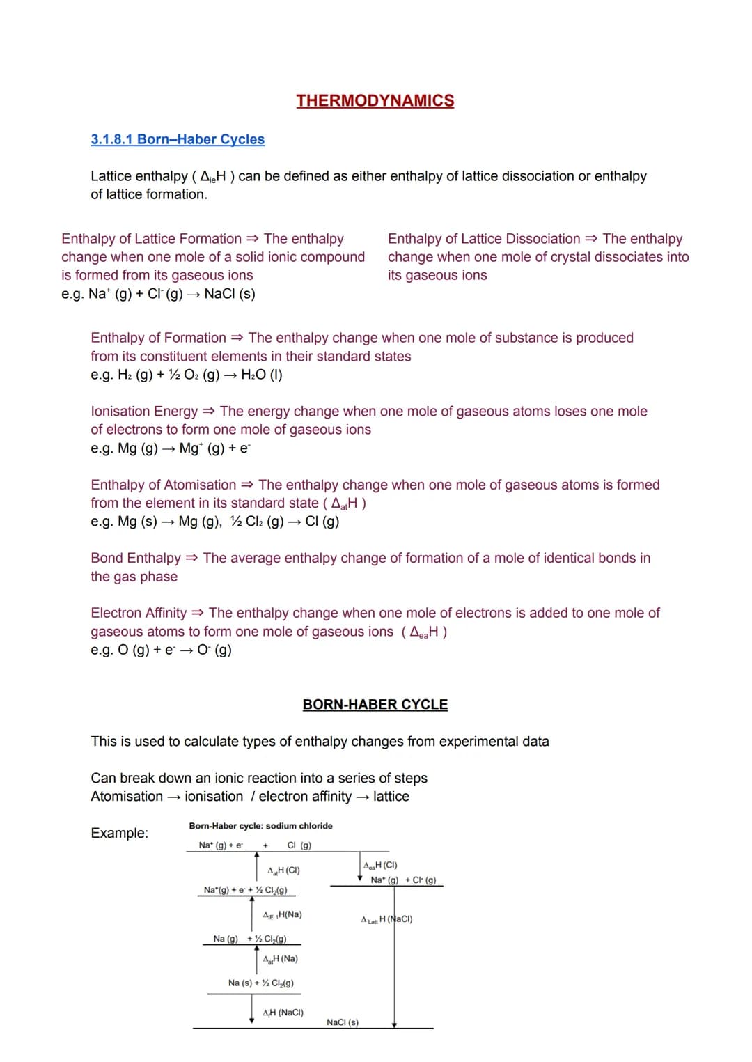 3.1.8.1 Born-Haber Cycles
Lattice enthalpy (AH) can be defined as either enthalpy of lattice dissociation or enthalpy
of lattice formation.
