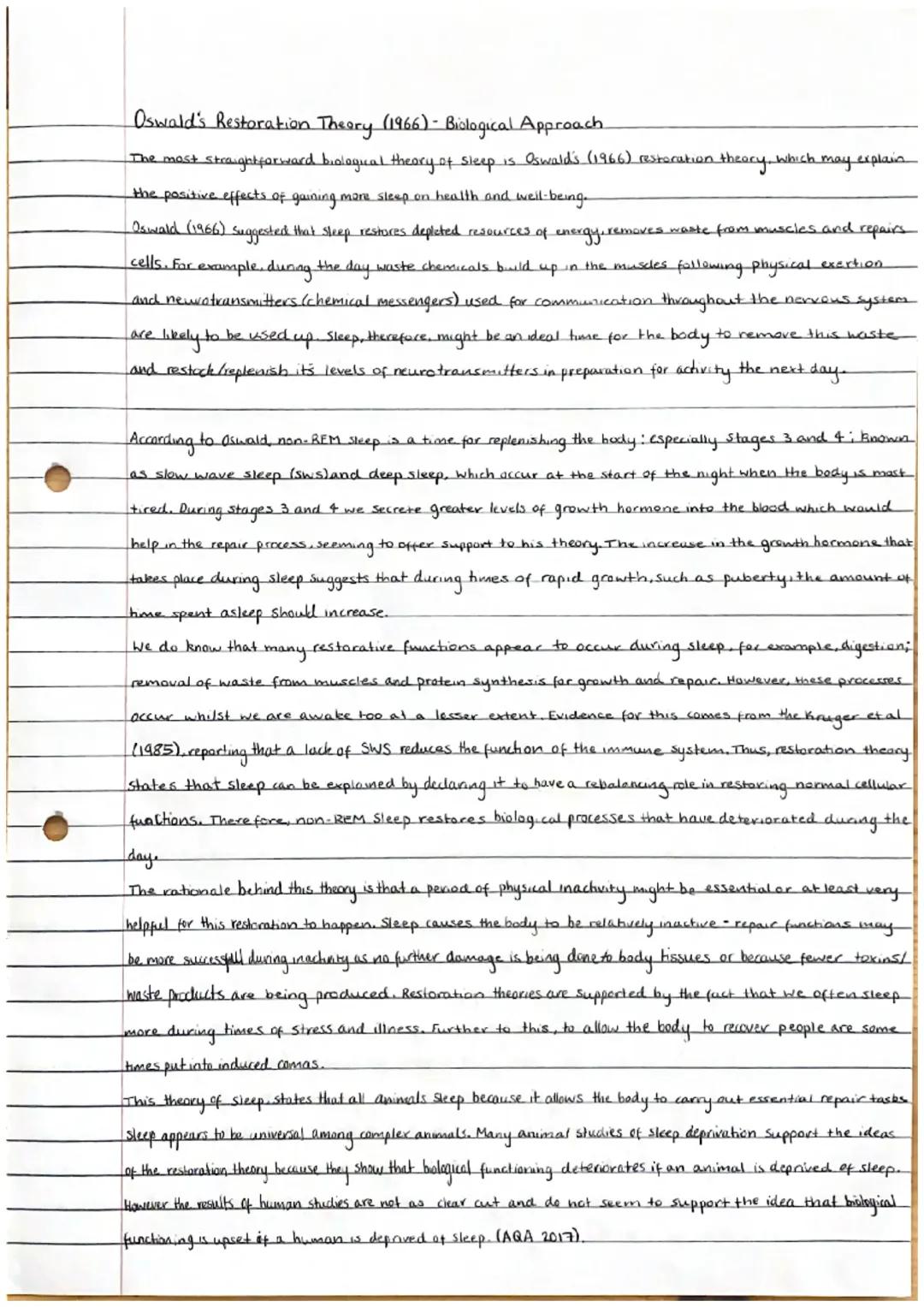 Psychology - Oswald Restoration Theory/Biological Approach to sleep 