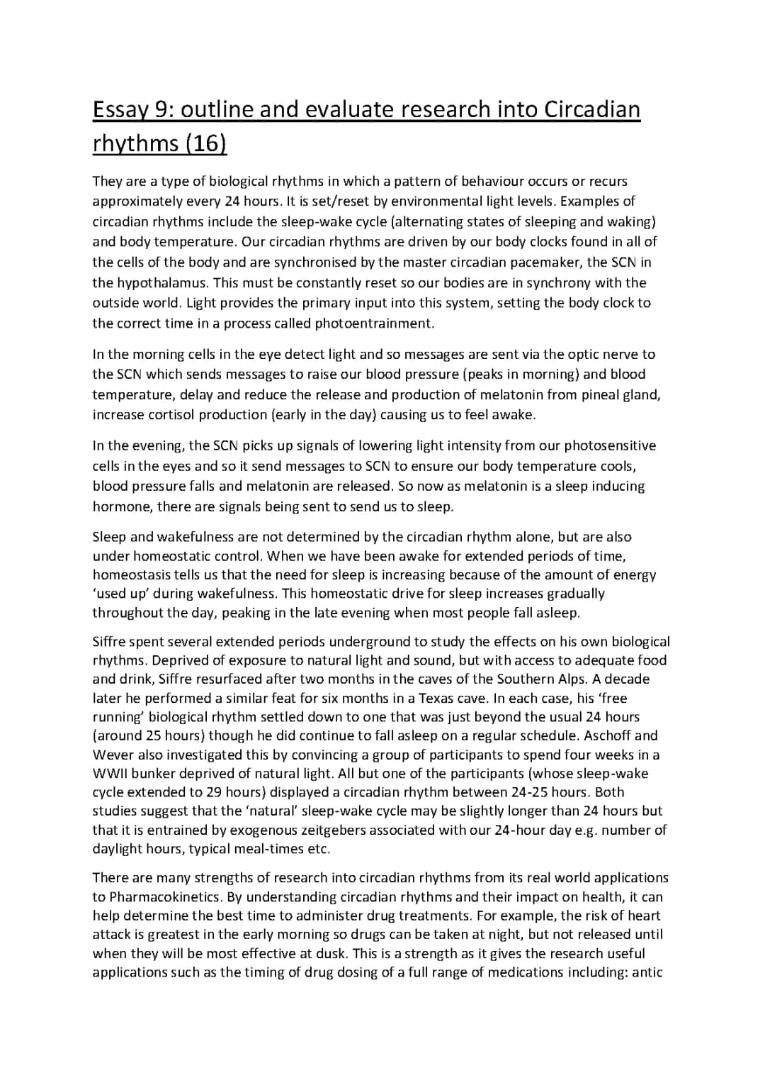 AQA Psychology, Biopsychology, Essay 9: Describe and evaluate research into Circadian rhythms.
