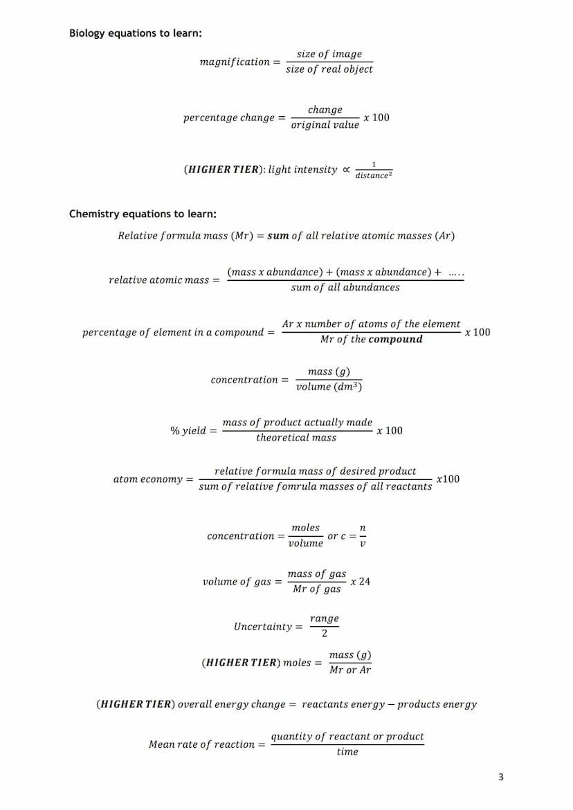 Paper 1
Paper 2
Key questions GCSE Science booklet (Triple)
Name:
1. GCSE Periodic table
2. Biology equations to learn
3. Chemistry equation