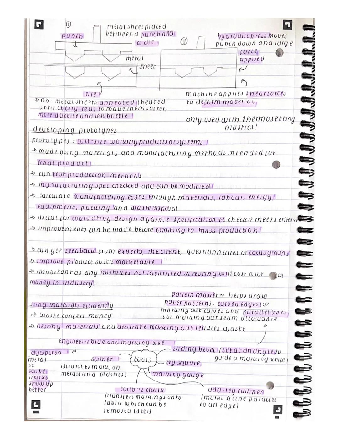 0
punch
die
meiul sheet placed
between a punch and
a die
meral
nb: metalsheets annealed Cheated
until cherry red) to make in em sucrer,
more