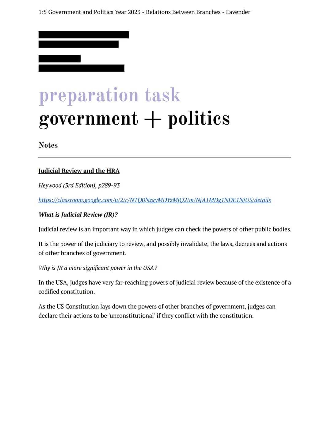 1:5 Government and Politics Year 2023 - Relations Between Branches - Lavender
preparation task
government politics
Notes
Judicial Review and