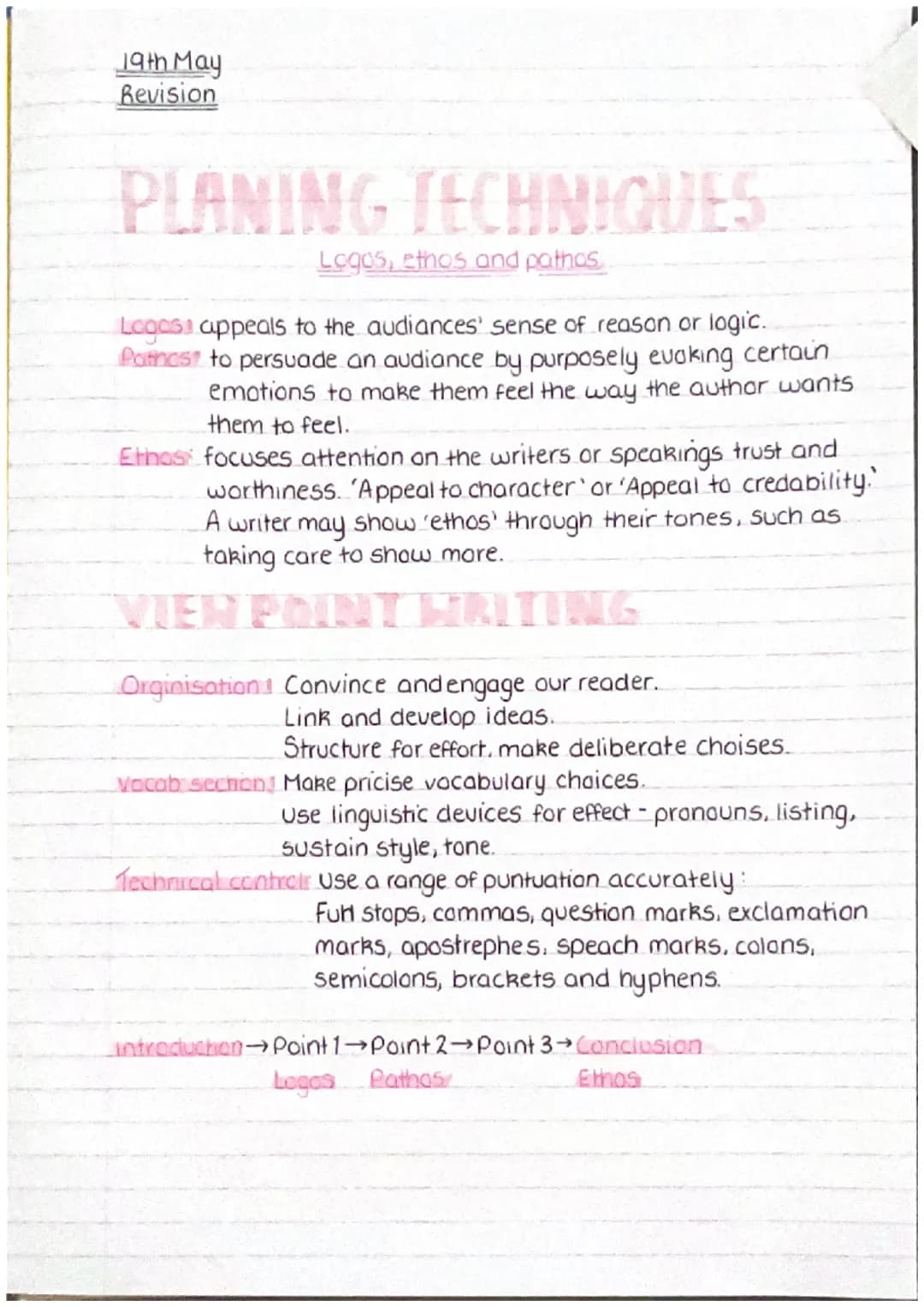 19th May
Revision
PLANING TECHNIQUES
Logos, ethos and pathos
Logos appeals to the audiances' sense of reason or logic.
Pathas to persuade an