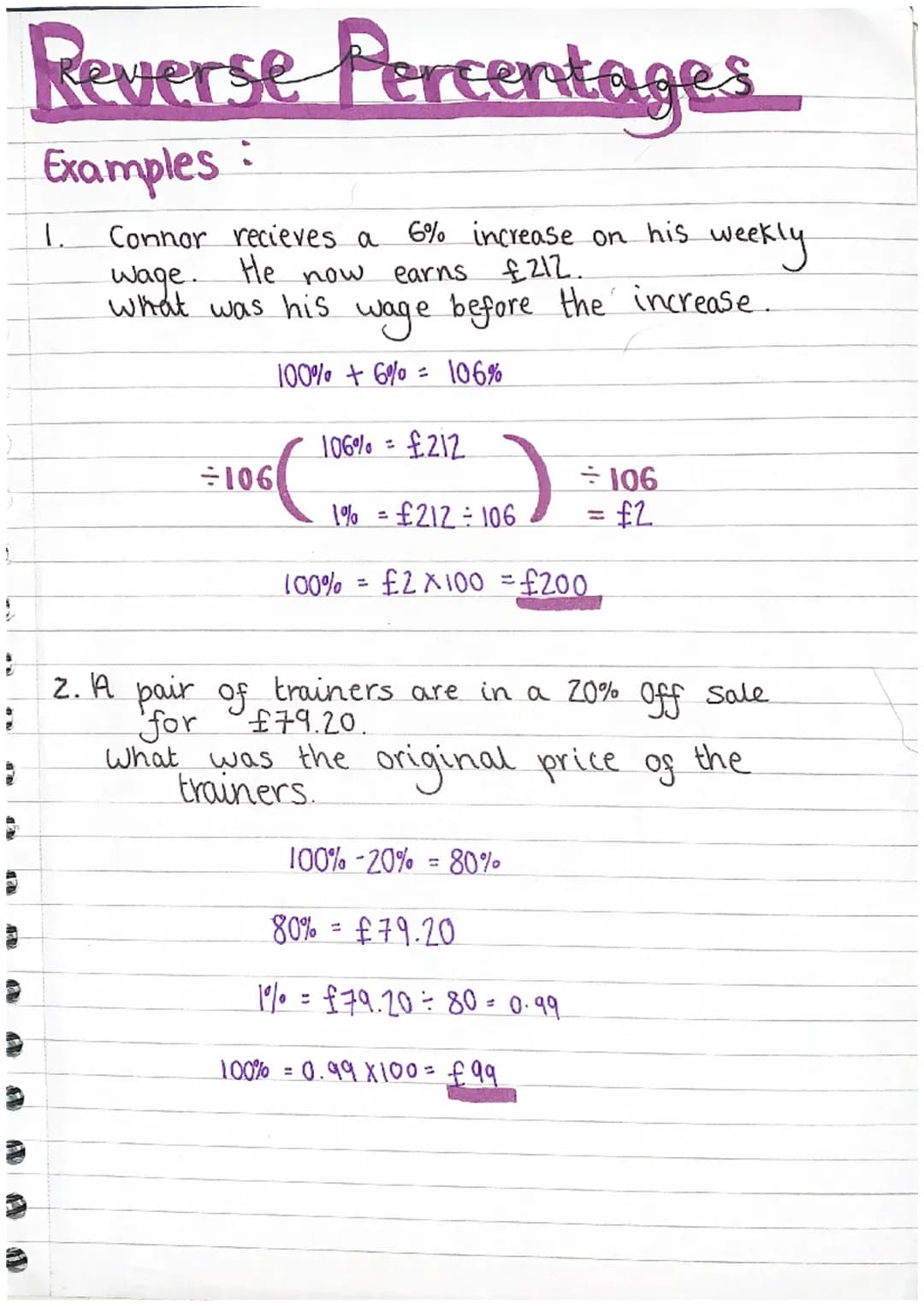 P
AP
Reverse Percentages
Examples:
6% increase on his weekly
Connor recieves a 6% increase on his week
earns £212.
He now
wage.
what was his