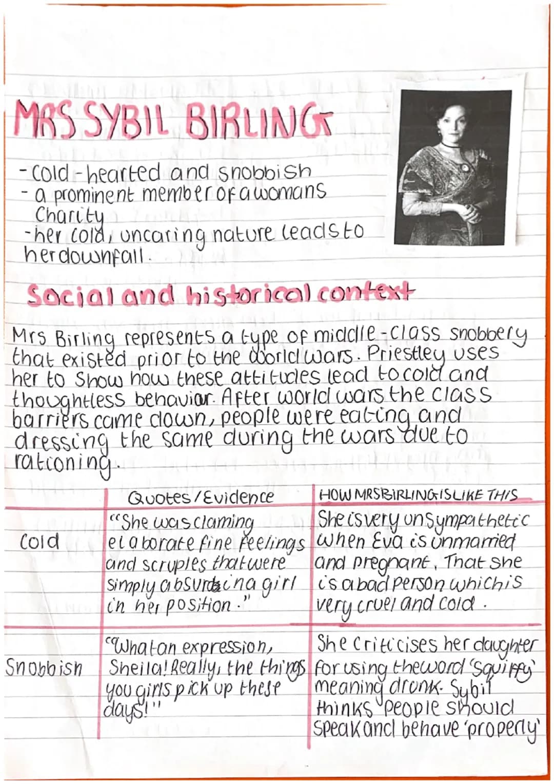 MRS SYBIL BIRLING
-
-Cold-hearted and snobbish
a prominent member of a womans.
Charity
-her cold, uncaring nature leads to
herdownfall.
Soci
