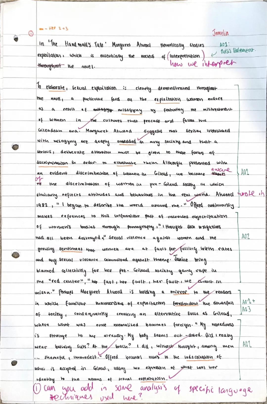 AQA A-level English Literature: The Handmaids Tale essay