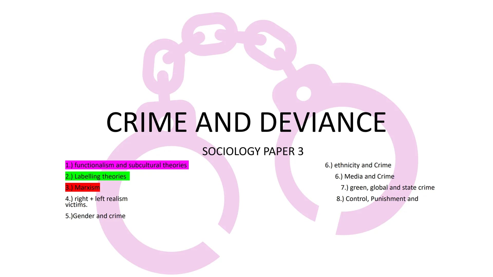 r
CRIME AND DEVIANCE
1.) functionalism and subcultural theories
2.) Labelling theories
3.) Marxism
4.) right + left realism
victims.
5.) Gen