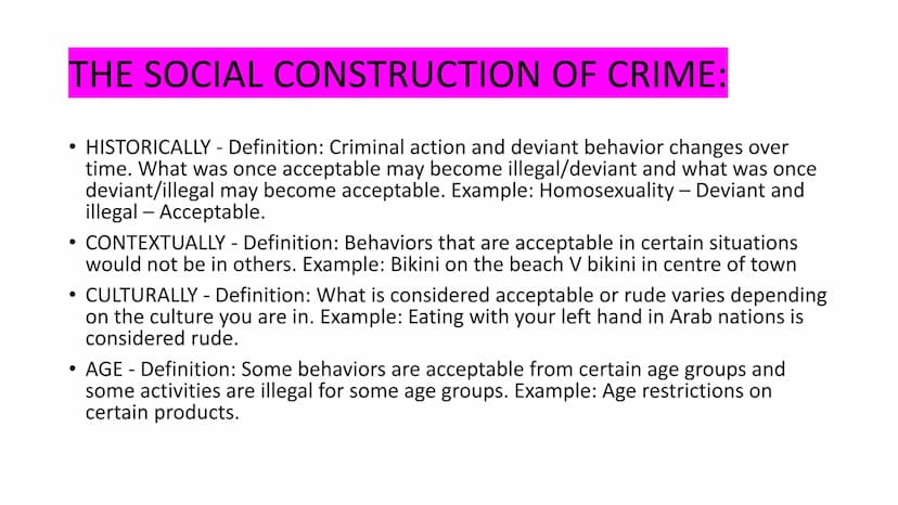 r
CRIME AND DEVIANCE
1.) functionalism and subcultural theories
2.) Labelling theories
3.) Marxism
4.) right + left realism
victims.
5.) Gen