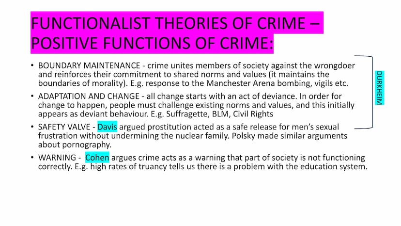 r
CRIME AND DEVIANCE
1.) functionalism and subcultural theories
2.) Labelling theories
3.) Marxism
4.) right + left realism
victims.
5.) Gen