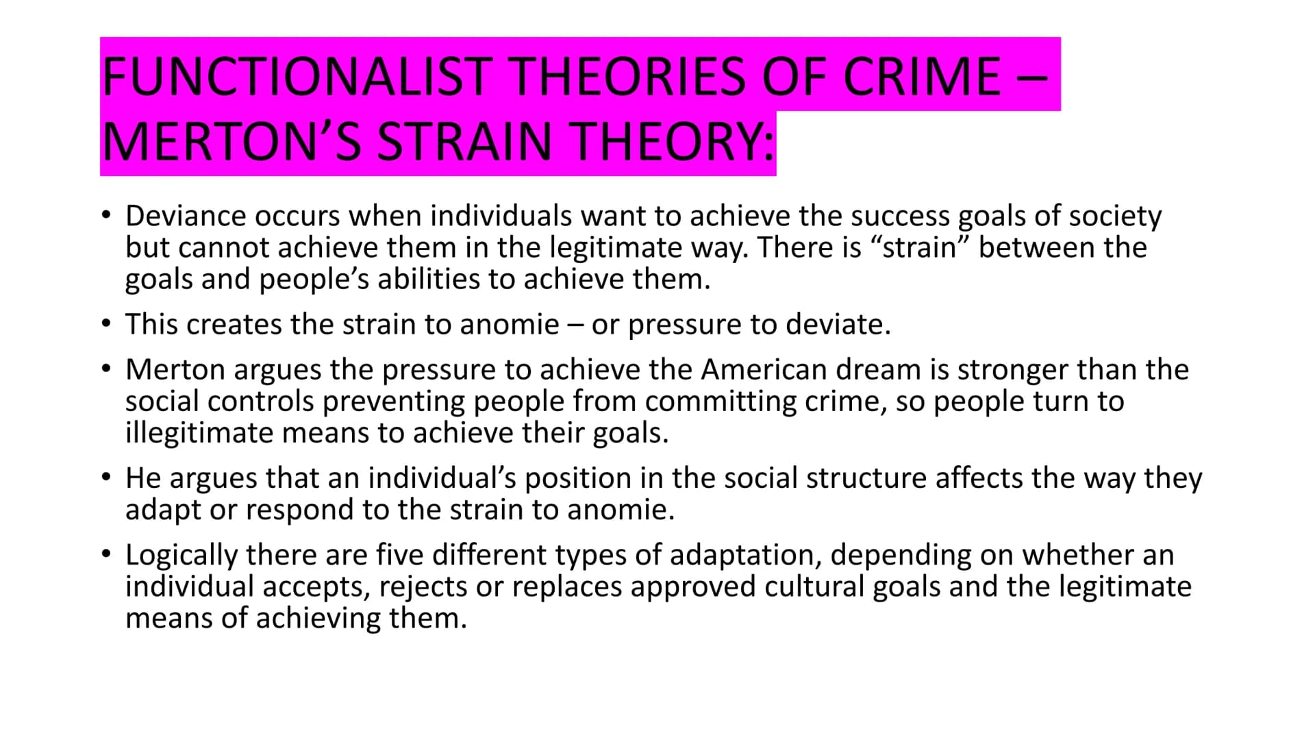 r
CRIME AND DEVIANCE
1.) functionalism and subcultural theories
2.) Labelling theories
3.) Marxism
4.) right + left realism
victims.
5.) Gen